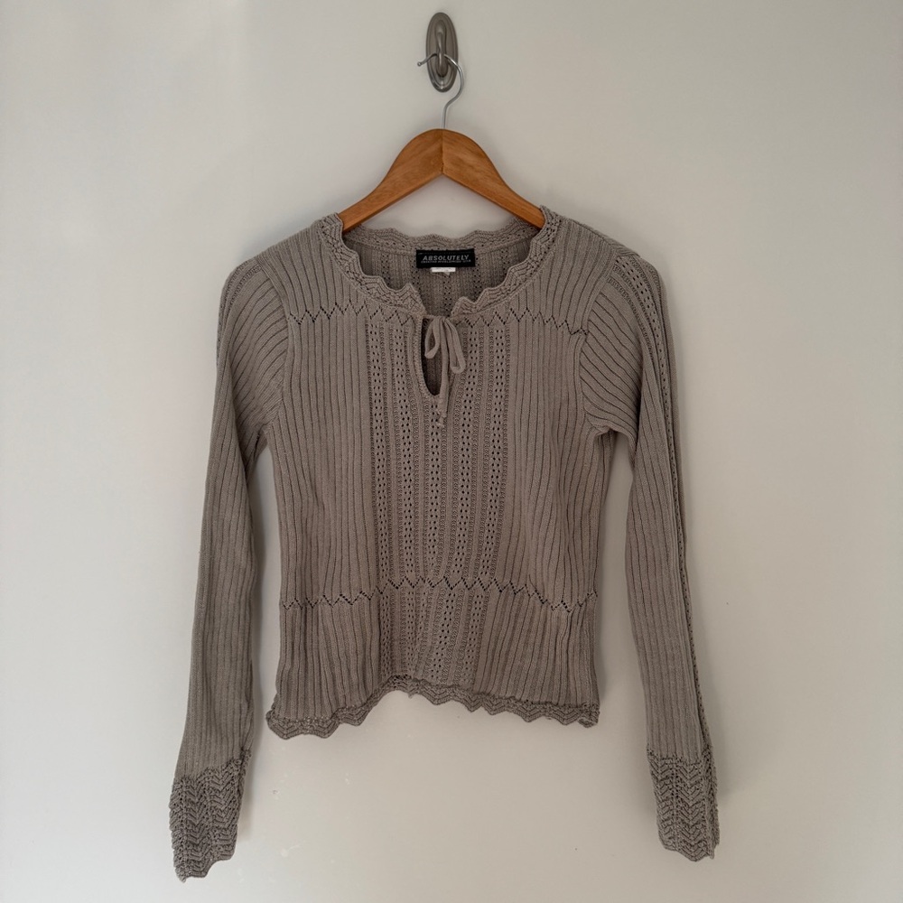 Vintage Absolutely Creative Worldwide Tan Ribbed Tie Front Sweater